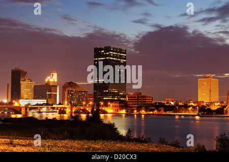 Toledo, Ohio - downtown over Maumee River at sunset Stock Photo