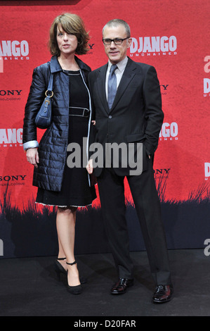 German-Austrian actor Christoph Waltz together with his wife Judith Holste attend to the Premiere of the film 'Django Unchained' at Cinestar Theatre in Sony Center, Potsdamer Platz, Berlin. January 08, 2013 Stock Photo