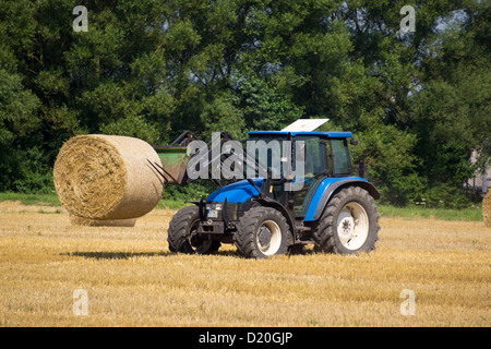 Farmer with a tractor loading a trailer with straw bales, Hanau, Hesse, Germany, Europe Stock Photo