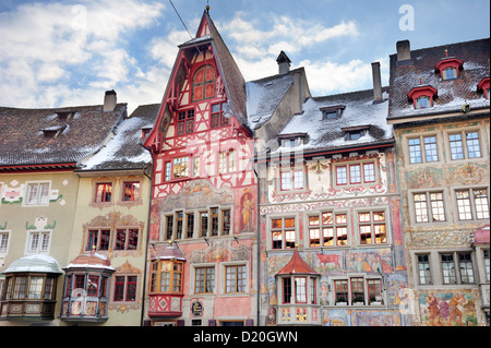 Fassades of buildings at the marketplace in Stein am Rhein, Stein am Rhein, Switzerland Stock Photo