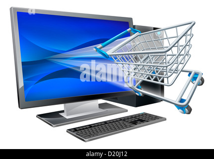 Desktop computer with super market shopping cart trolley flying out of screen, online shopping concept Stock Photo