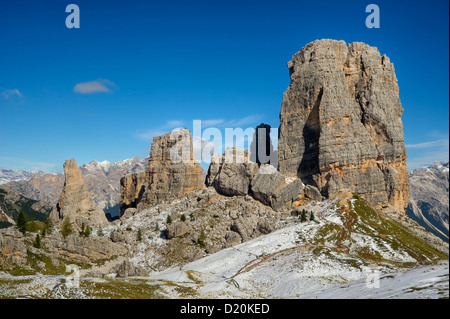 Cinque Torri in the sunlight, Cortina d'Ampezzo, Dolomites, Belluno, Italy, Europe Stock Photo