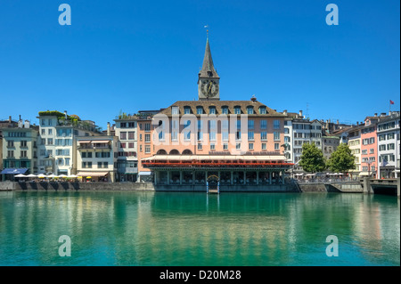 Limmat river with St. Peter and Hotel zum Storchen, Zurich, Switzerland, Europe Stock Photo