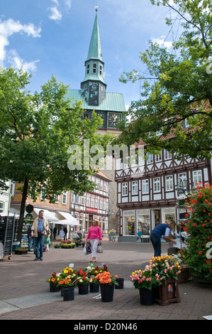 Flower stand in the Market Square, St Aegidien church, timber framed houses, down town, Osterode am Harz, Harz, Lower Saxony, Ge Stock Photo