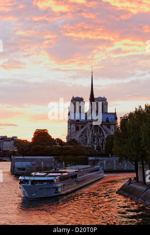 Excursion ship on the river Seine with Notre Dame cathedral at sunset, Paris, France, Europe