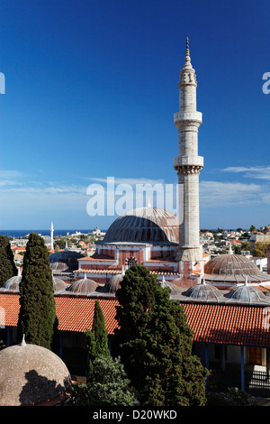 View from the clock tower onto the Sueleyman mosque and the old town of Rhodes, Rhodes, Dodecanese Islands, Greece, Europe Stock Photo