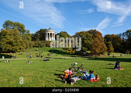 View over meadows onto Monopteros temple, Englischer Garten, English Garden, Schwabing, Munich, Upper Bavaria, Bavaria, Germany, Stock Photo