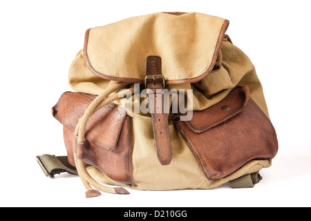 Canvas and leather backpack isolated on white Stock Photo