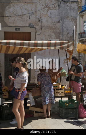 People at the market at Loule, near Praca da Republica, Algarve, Portugal, Europe Stock Photo