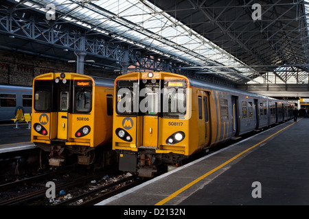 Merseyrail train 508117 Electric Multiple Unit (EMU) Fog and Mist at the Southport Railway Station  Northern Line Merseyrail network Merseyside, UK Stock Photo