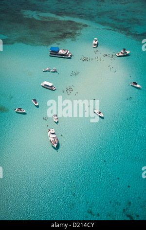 Aerial view of Stingray City sand bank with excursion boats and people swimming, Grand Cayman, Cayman Islands, Caribbean Stock Photo