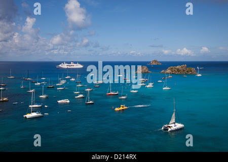 Cruise ship MS Deutschland (Reederei Peter Deilmann) and yachts moored in the harbour, Gustavia, St. Barthelemy, St. Barth, Less Stock Photo