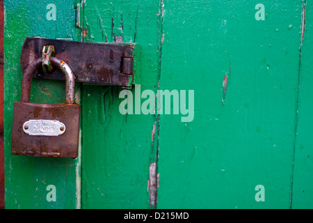 A padlock on a green shed door Stock Photo