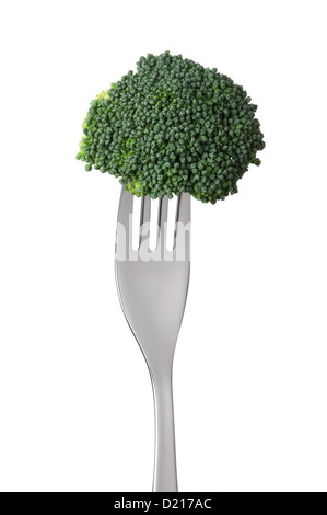broccoli floret on a fork isolated against white background Stock Photo