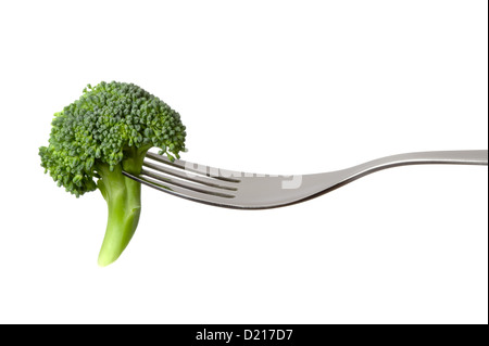 broccoli floret on a fork isolated against white background Stock Photo