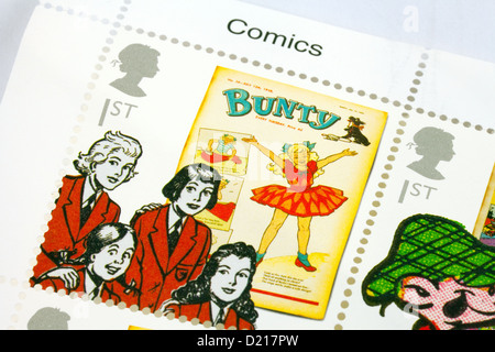 UK stamp commemorative showing old british 'Bunty' comic, England Stock Photo