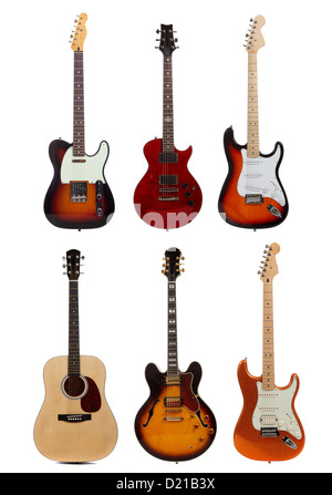 A group of six assorted guitars on a white background Stock Photo