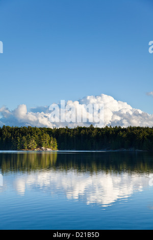 The calm lake reflects the rain cloud on the horizon with the setting sun lighting up the trees. Stock Photo