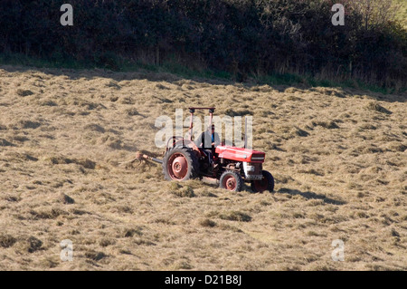 Woman riding on tractor through a field. Stock Photo