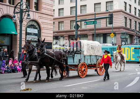 Denver kicks off the 107th Annual National Western Stock show on January 10, 2013 with a parade that travels from Union Station to the Wells Fargo building on 17th Street.  The National Western Stock Show is considered the Super Bowl of live stock shows. Stock Photo