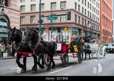 Denver kicks off the 107th Annual National Western Stock show on January 10, 2013 with a parade that travels from Union Station to the Wells Fargo building on 17th Street.  The National Western Stock Show is considered the Super Bowl of live stock shows. Stock Photo