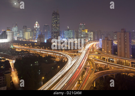 Crossroads of urban freeway Chongqing Zhong Lu and Yan'an Dong Lu at night, Shanghai, China, Asia Stock Photo