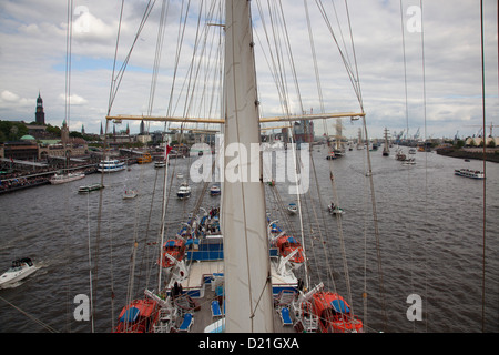 View from mast of sailing cruise ship Star Flyer on Elbe river as part of Hamburg harbour birthday celebrations, Hamburg, German Stock Photo