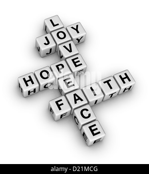 Joy, Love, Hope, Peace and Faith (crossword puzzle reminder of the important things in Life) Stock Photo