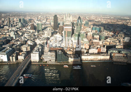 The View from the Shard, towards The City of London including The River Thames,  30 St. Mary Axe (The Gherkin), Tower 42, The Willis Building, Moorhouse, The Bank of England  and riverside along Lower and Upper Thames Street, on Wednesday 9th January 2013, London, England, United Kingdom Stock Photo