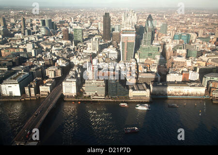 The View from the Shard, towards The City of London including The River Thames,  30 St. Mary Axe (The Gherkin), Tower 42, The Willis Building, Moorhouse, The Bank of England and riverside along Lower and Upper Thames Street, on Wednesday 9th January 2013, London, England, United Kingdom Stock Photo