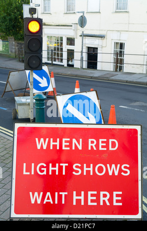 A red stop light at temporary traffic lights in Shropshire UK Stock ...