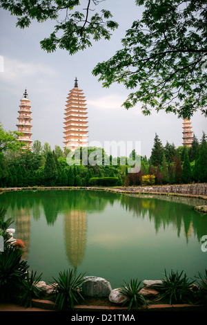 View of the Three Pagodas in Dali, Yunnan, Southwest, China. Stock Photo