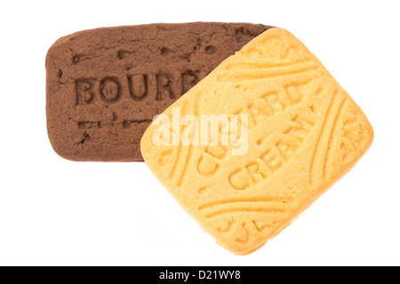 Close-up of a chocolate bourbon biscuit and a delicious custard cream biscuit - studio shot with a white background. Stock Photo