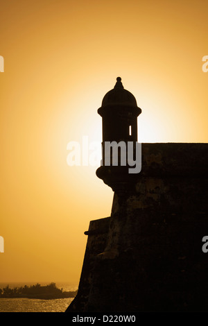 Sentry Box at Sunset Fort Castillo San Felipe del Morro, San Juan National Historic Site, Old San Juan, Puerto Rico Stock Photo