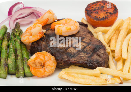 Surf and turf beef steak dinner - shallow depth of field Stock Photo