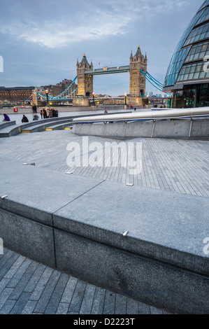 Dusk at City Hall (Architect-Sir Norman Foster) and Tower Bridge, London, England, UK Stock Photo