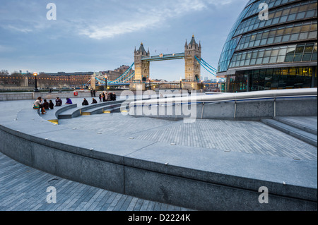 Dusk at City Hall (Architect-Sir Norman Foster) and Tower Bridge, London, England, UK Stock Photo