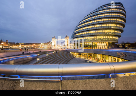 Dusk at City Hall (Architect-Sir Norman Foster) and Tower Bridge, London, England, UK Stock Photo