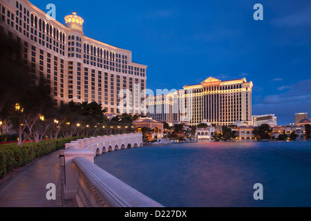 The Bellagio and Ceasars Palace casinos at twilight, Las Vegas Nevada, USA Stock Photo