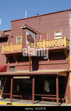 Blue sky view 'Wild West' architecture sidewalk canopy, balcony, Buffalo Saloon, Main street, Deadwood, South Dakota, USA Stock Photo