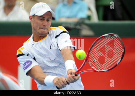 Melbourne, Australia. 12th January 2013. Lleyton Hewitt of Australia in action against Juan Martin Del Potro of Argentina during the final of the AAMI Tennis Classic from Kooyong Stock Photo