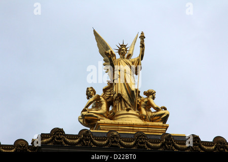 Golden statue of Angel on the top of the Garnier Opera in Paris, France (The Poetry by Charles Gumery) Stock Photo