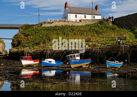 Boats moored at Seaton Sluice harbour, a village in Northumberland at the mouth of the Seaton burn Stock Photo