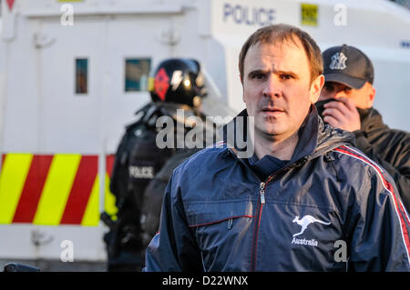 12th January 2013, Belfast, Northern Ireland.  Winston Irvine (PUP) negotiates with PSNI in an attempt to stop further violence.   Credit:  Stephen Barnes / Alamy Live News