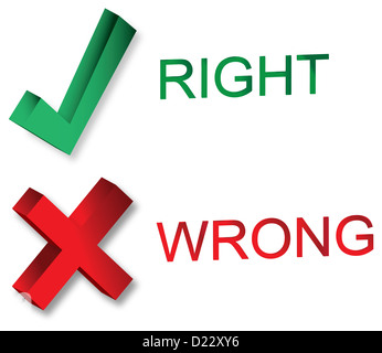 A right and a wrong symbols. Word right on green and word wrong on red. Stock Photo