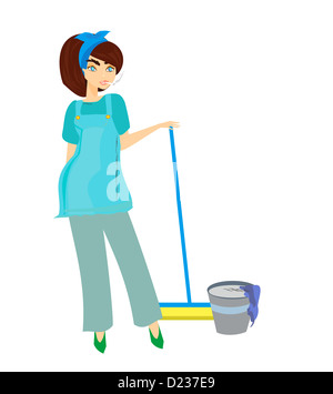 cartoon character housemaid with broom vector illustration, isolated on ...