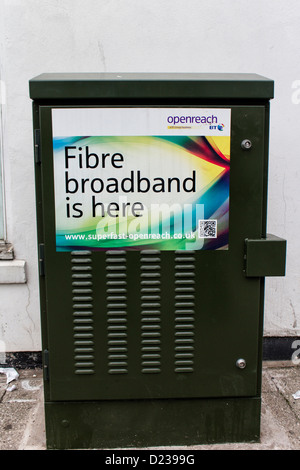 BT Fibre broadband is here sticker on a telephone junction box Stock Photo