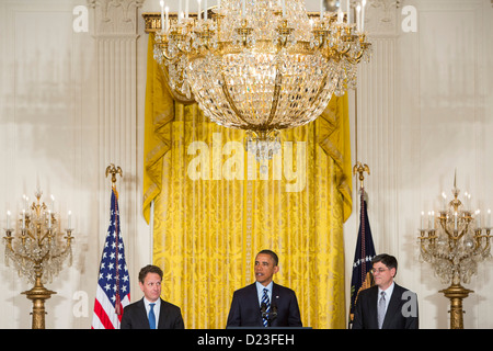 President Barack Obama nominates Jack Lew, right, to be Secretary of the Treasury, replacing Tim Geithner, left. Stock Photo