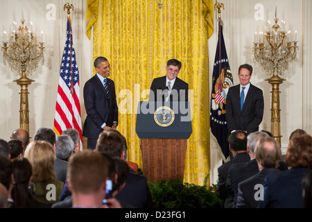 President Barack Obama nominates Jack Lew, right, to be Secretary of the Treasury, replacing Tim Geithner, left. Stock Photo
