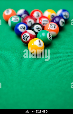 Pool game balls on green felt table Stock Photo